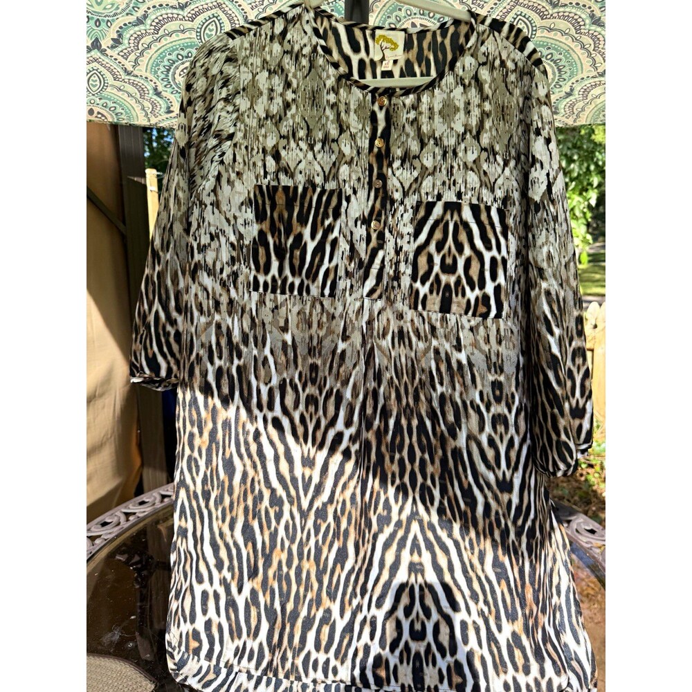 Fig and Flower Tunic Top Womens XL Animal Print Leopard Boho 3/4 Sleeve
